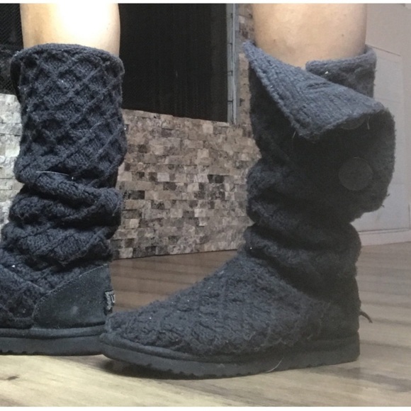 UGG classic cardy argyle knit black boot fold over Women Sz 7 Comfy - Picture 3 of 9